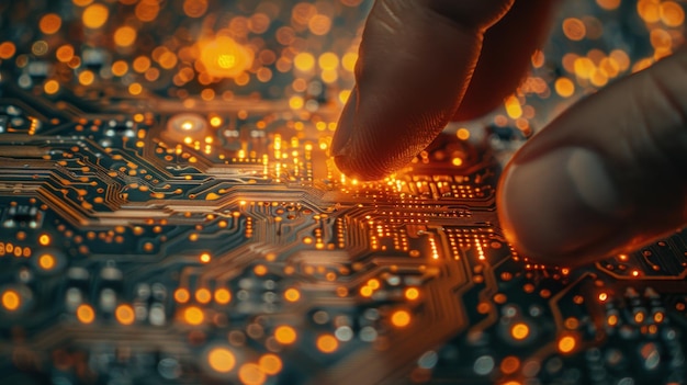 Computerplatte in der Hand eines Mannes Kleine gedruckte Leiterplatte Nahaufnahme