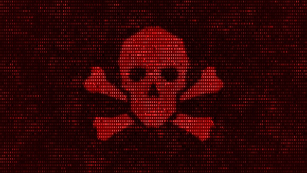 Computerserver wurde von Hackern mit Malware angegriffen, binärer Todesschädelsymbol-Warnbildschirm im Netzwerkdatensicherheitssystem, futuristische digitale Server-Cybersicherheitsbedrohungen 3D-Illustration
