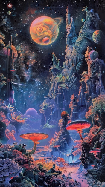 Comuna hippie espacial de la década de 1960 viviendo en armonía con la flora y fauna alienígena