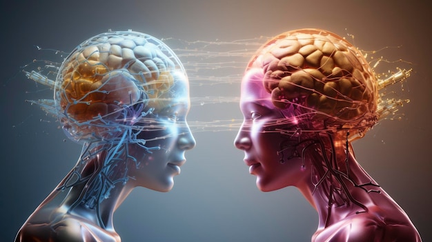 Comunicação cérebro a cérebro tecnologia avançada interfaces neurais inovadoras conexões telepáticas interações futuristas criadas com tecnologia de IA generativa
