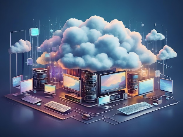 Comunicação de armazenamento em nuvem com computador Hosting e processamento de dados