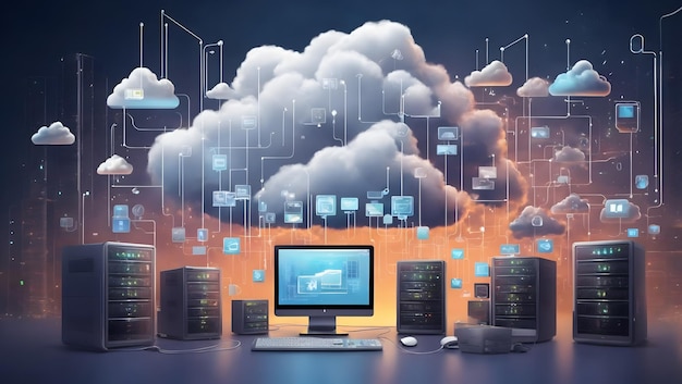 Comunicação de armazenamento em nuvem com computador Hosting e processamento de dados