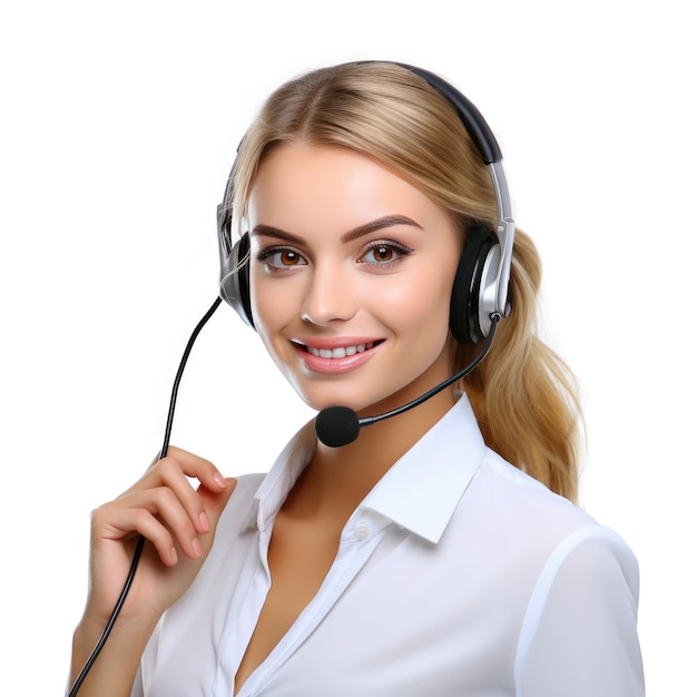 Comunicação Eficiente Um operador de chamada envolve-se numa conversa profissional contra um ambiente limpo e