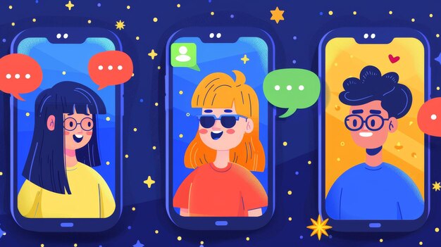 Foto comunicação em bolhas de fala e chamada de vídeo através de telefone móvel ilustração moderna plana de amigos se comunicando via internet personagem yappy durante conversa virtual