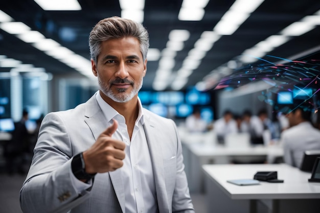 Comunicação empresarial tecnologia moderna e conceito de escritório empresário sorridente com tablet pcoffice