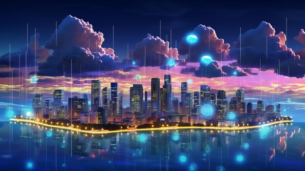 Comunicación de internet inalámbrica de ciudad inteligente Paisaje urbano flotando en medio del océano
