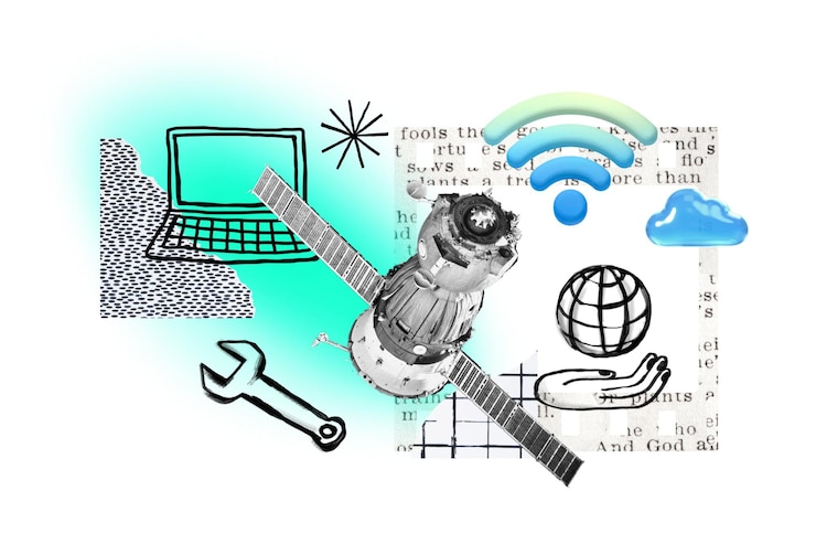 Foto comunicación por satélite tecnología png remezcla de doodle fondo transparente