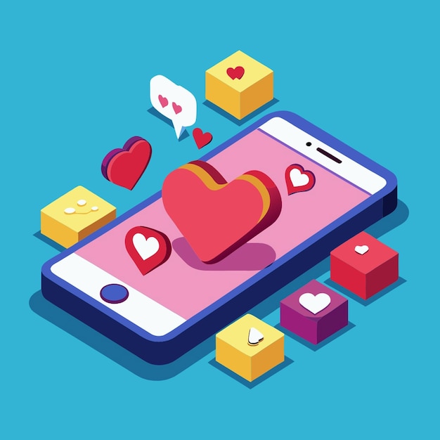 Comunicación virtual diagrama de flujo isométrico con citas amor corazón correo electrónico sms chat dispositivos electrónicos mensajes símbolos ilustración vectorial