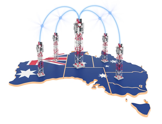 Comunicaciones móviles en Australia torres de telefonía celular en el mapa renderización en 3D