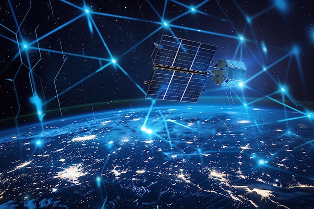 Comunicaciones por satélite con paneles solares en órbita por encima de la tierra red de red hexagonal azul brillante en el fondo