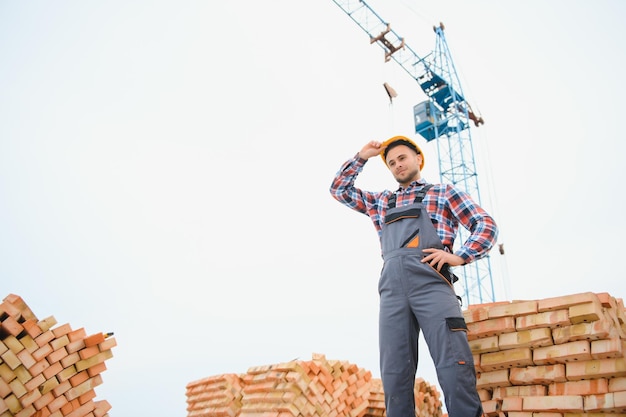 Comunicarse con el tipo de la grúa Trabajador de la construcción en uniforme y equipo de seguridad tiene trabajo en la construcción