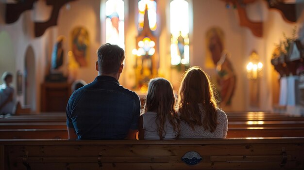 Foto comunidad congregación familia sentada en el banco de la iglesia orando