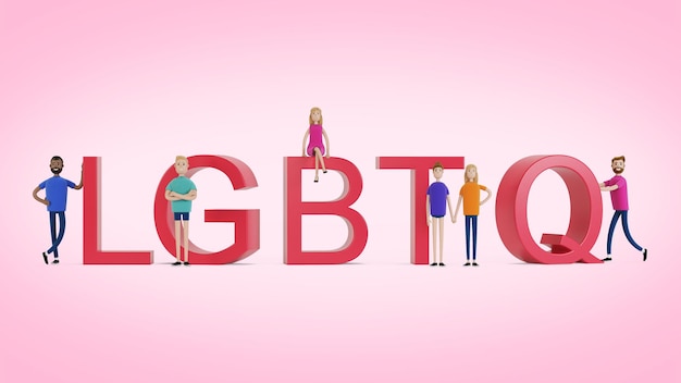 comunidad LGTB. Un grupo de activistas gay, lesbianas, bisexuales y transgénero. Ilustración 3D en estilo de dibujos animados.