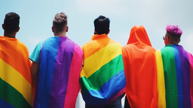 Comunidad del Orgullo en un desfile con las manos levantadas y la bandera LGBT