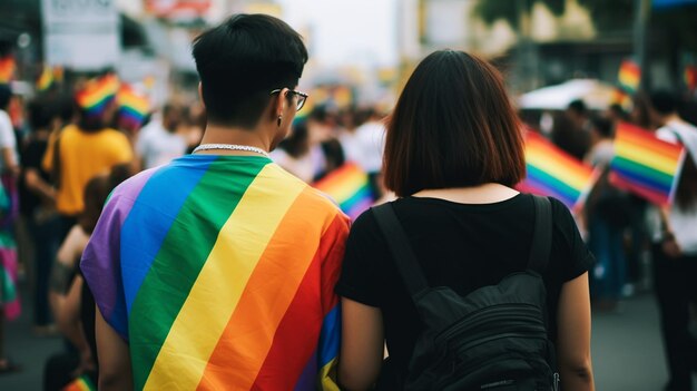 La comunidad del orgullo en un desfile con las manos levantadas y la bandera LGBT