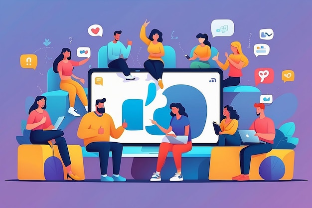 La comunidad de las redes sociales y el enorme letrero de dibujos animados de personas planas sentadas alrededor del símbolo de los pulgares grandes hacia arriba