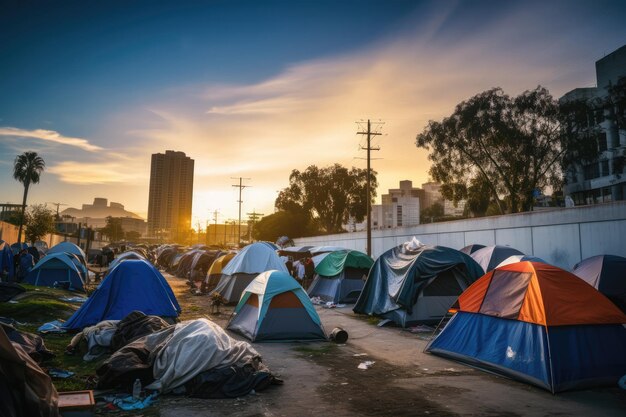 Foto la comunidad de sin techo sobrevive en tiendas de campaña en medio del paisaje urbano