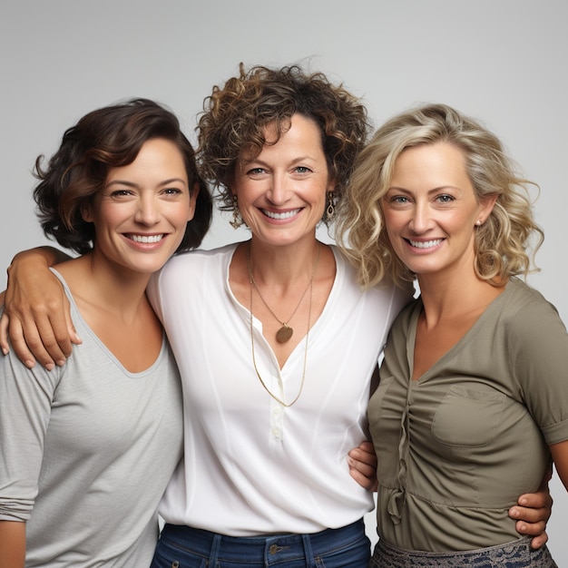 Una comunidad de tres mujeres mayores en fondo blanco