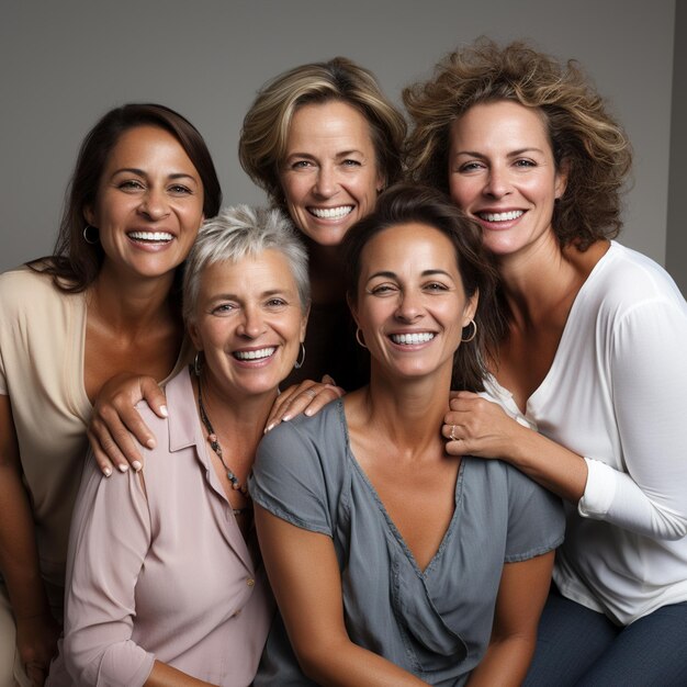 Una comunidad de tres mujeres mayores en fondo blanco