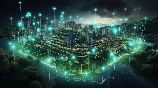 Comunidad verde extensa con infraestructura de ciudad inteligente digital y red de datos rápidos Ciudad digital