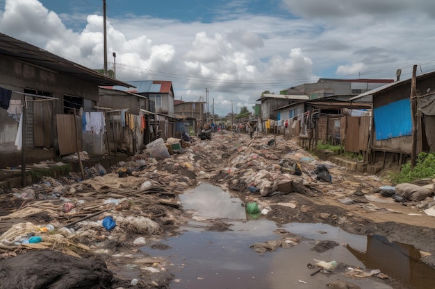 Comunidade de favela com lixo e lixo cobrindo o chão