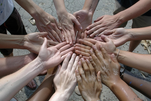 Comunidade diversificada com as mãos em círculo