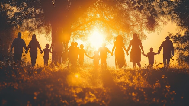 Comunidade grande família no parque um grande grupo de pessoas de mãos dadas caminhando silhueta na natureza pôr do sol no parque grande família filho sonho conceito pessoas no parque grande luz do sol família