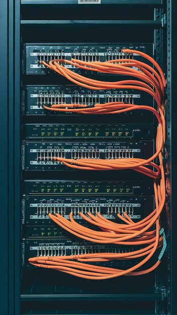 Foto comutadores de rede e cabos ethernet em gabinetes de rack