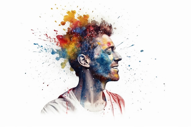Conceito abstrato criativo de felicidade de saúde mental Ilustração colorida de respingos de tinta de cabeça masculina