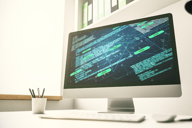 Conceito abstrato de codificação criativa na renderização 3D da tela do laptop moderno
