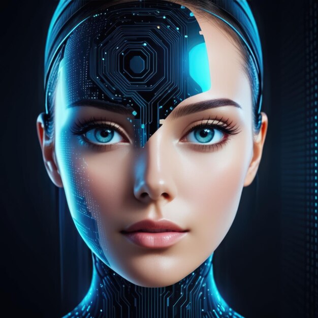 Foto conceito abstrato de inteligência artificial de rosto humano digital de big data ou segurança cibernética