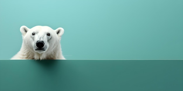 Foto conceito animal criativo, um urso polar espreitando sobre um fundo azul