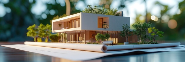 Conceito arquitetônico Casa modelo residencial moderna em meio a planos rolados