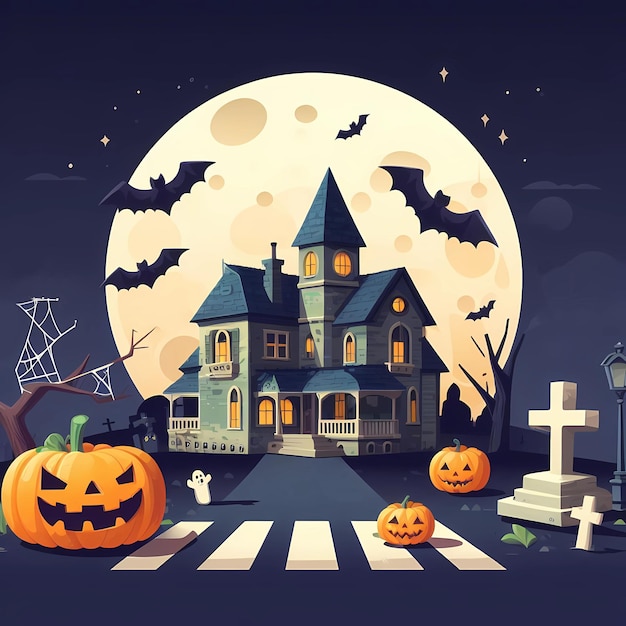 Foto conceito assustador de ilustração de halloween com morcegos lunares de abóboras e casa velha