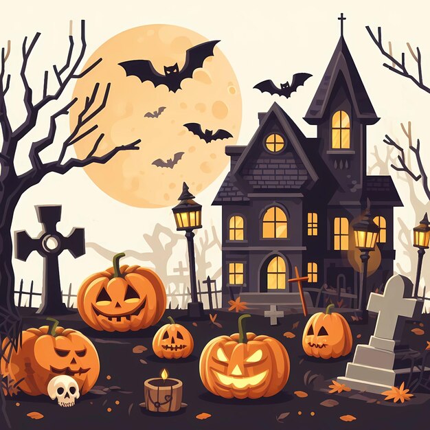 Foto conceito assustador de ilustração de halloween com morcegos lunares de abóboras e casa velha