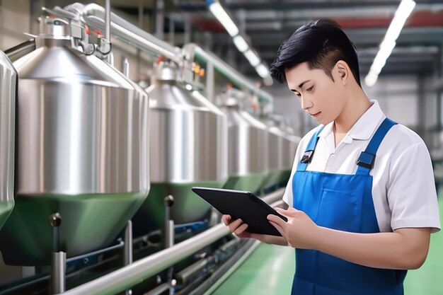 Conceito bandeira da indústria alimentícia Trabalhador de fábrica inspeccionando a linha de produção cisterna