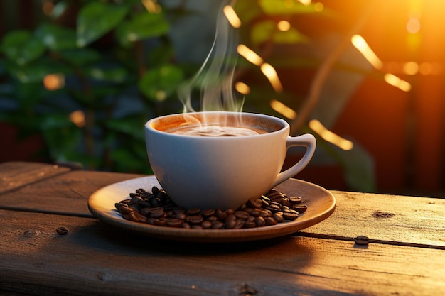 Conceito BannerMuitos grãos de café são colocados em barris de madeira e ao redor e há uma xícara de café