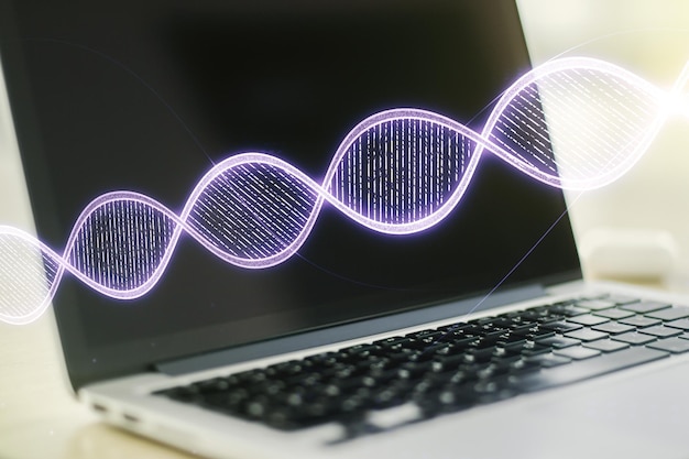 Conceito criativo com ilustração de símbolo de DNA no fundo do laptop moderno Conceito de pesquisa do genoma Multiexposição