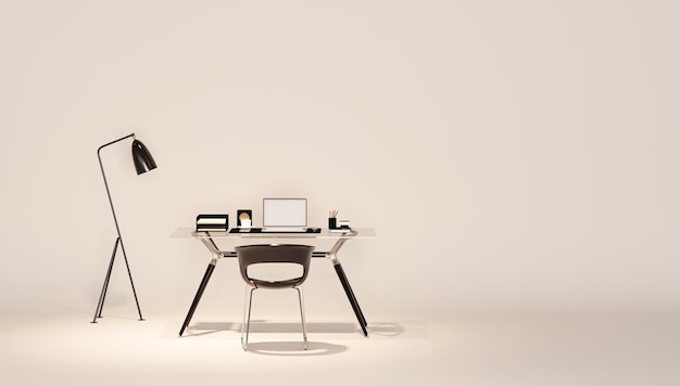 Conceito criativo com mesa de escritório mínima de cor preto e branco e lâmpada de chão renderização 3d