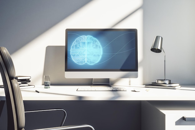 Conceito criativo de inteligência artificial com holograma do cérebro humano na tela do laptop moderno 3D Rendering
