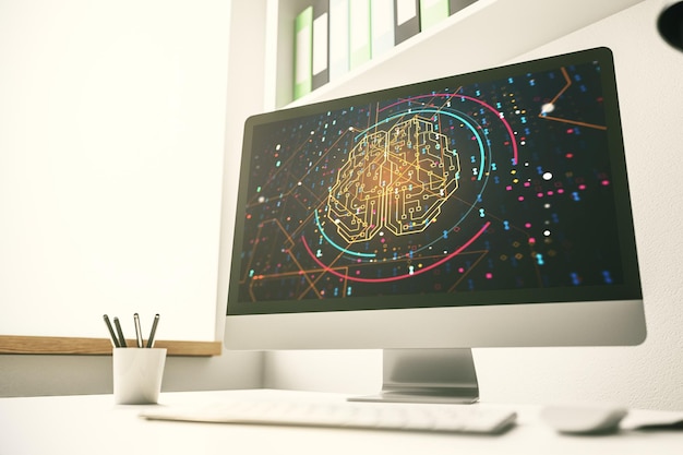 Conceito criativo de inteligência artificial com holograma do cérebro humano na tela do laptop moderno 3D Rendering