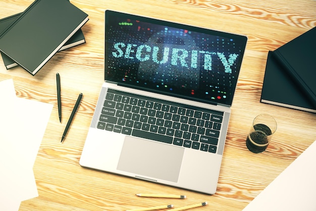 Conceito criativo de segurança cibernética em renderização 3D de monitor de laptop moderno
