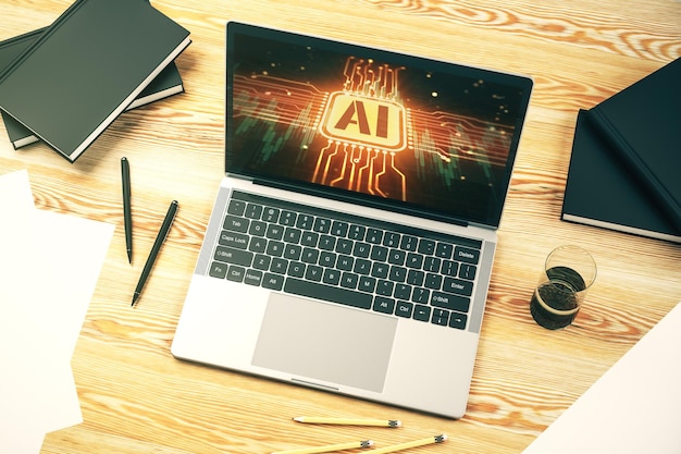 Foto conceito criativo de símbolo de inteligência artificial na renderização 3d da tela do laptop moderno
