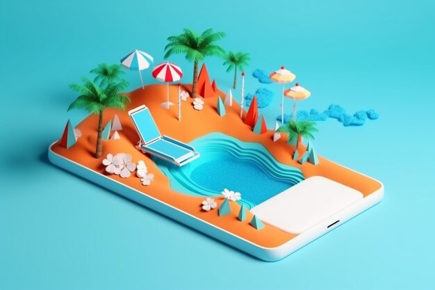 Conceito criativo de verão simulado de férias cyber up telefone palma de areia Generative AI