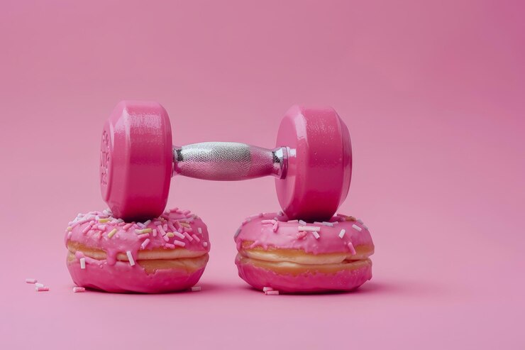 Foto conceito criativo para um estilo de vida saudável dumbbell com donuts em fundo rosa