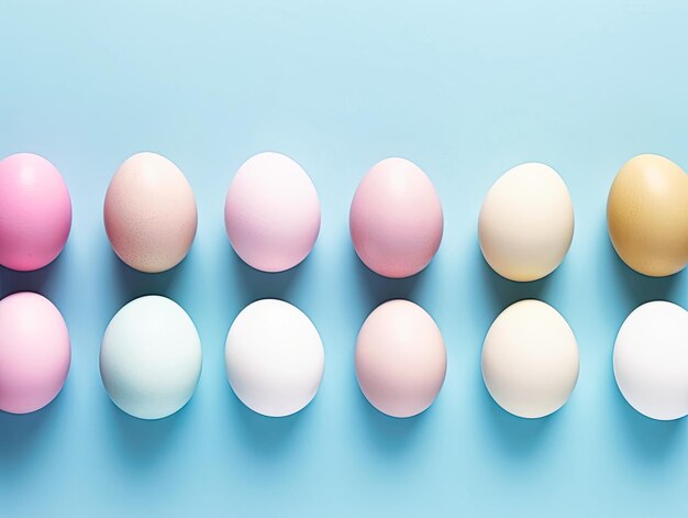 Conceito da festa de Páscoa Foto de cima de ovos de Páscua em fundo azul