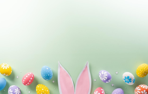 Conceito da festa de Páscoa Vista superior de orelhas de coelho de Páscua e ovos coloridos em fundo pastel
