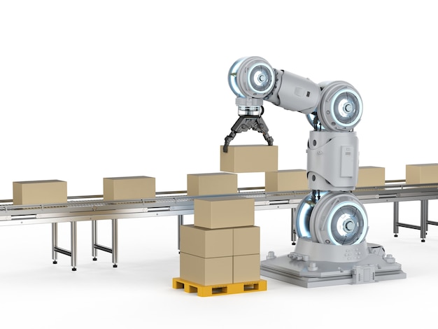 Conceito da indústria de automação com braço de robô de renderização 3D com caixas de papelão na esteira transportadora