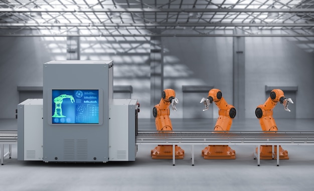 Conceito da indústria de automação com linha de montagem de robôs de renderização 3D na fábrica