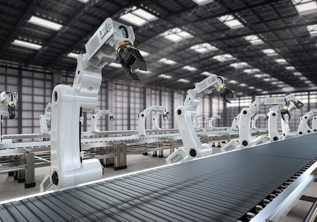 Conceito da indústria de automação com linha de montagem de robôs de renderização 3D na fábrica